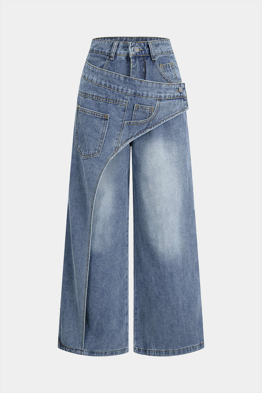 Denim Button Zipper Pocket Straight Leg Jeans - Flockneti