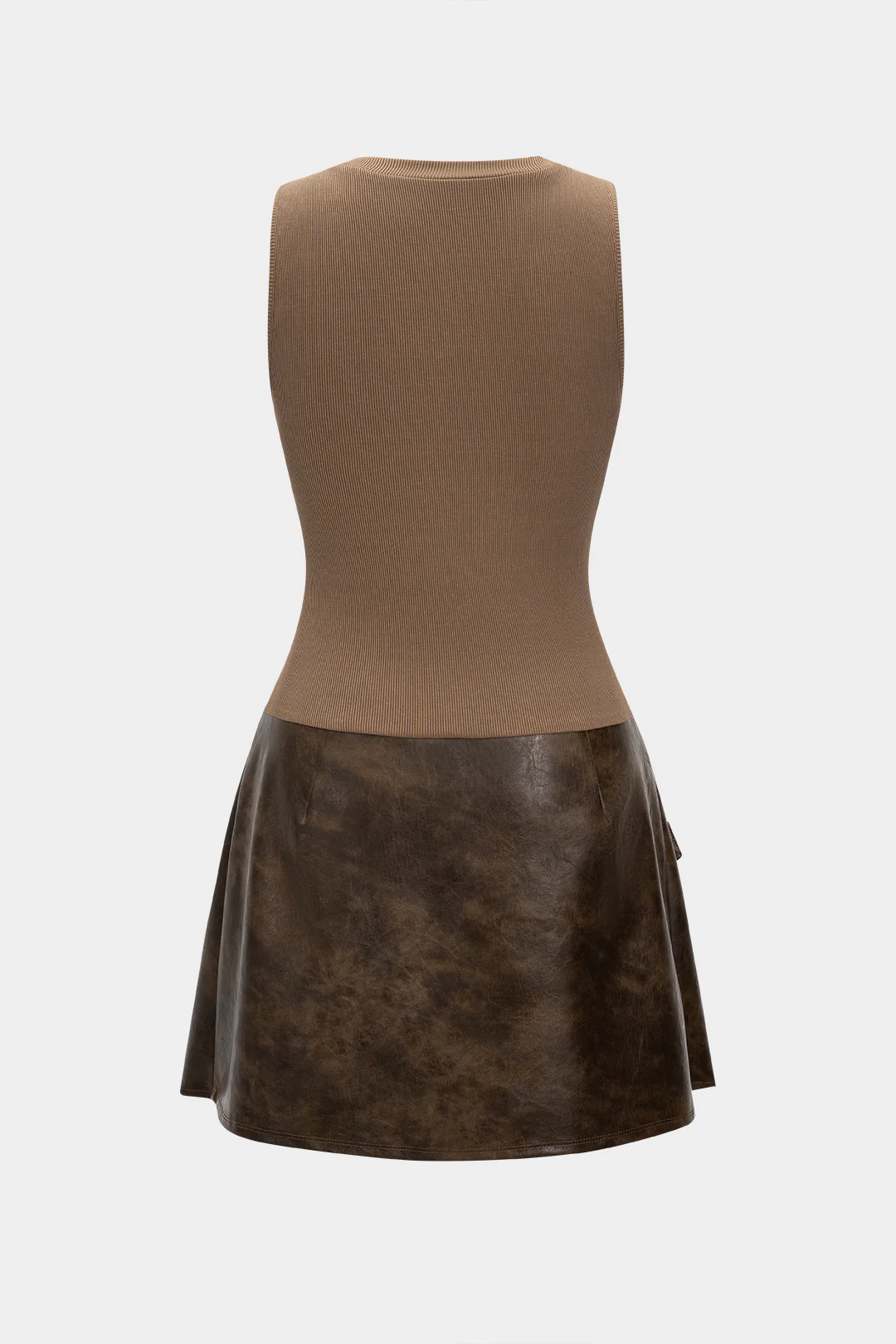 Faux Leather Patchwork Asymmetrical Sleeveless Mini Dress - Flockneti