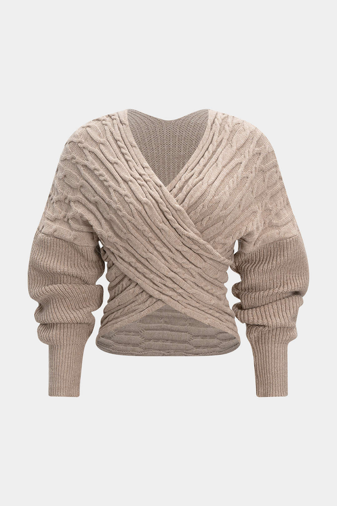 Cable Knit Crossed V-Neck Long-Sleeve Top - Flockneti