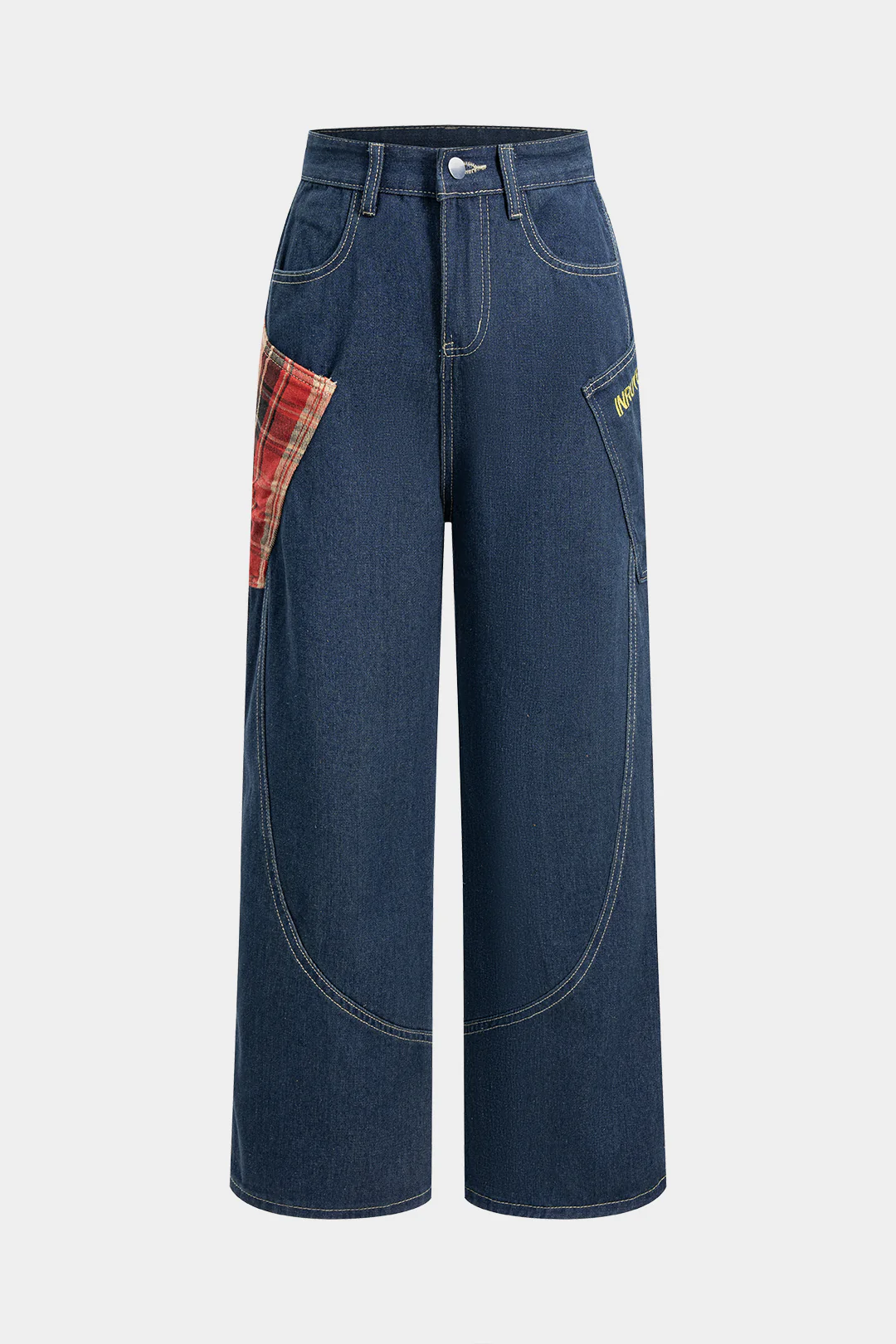 Denim Plaid Print Zipper Asymmetrical Straight Leg Jeans - Flockneti