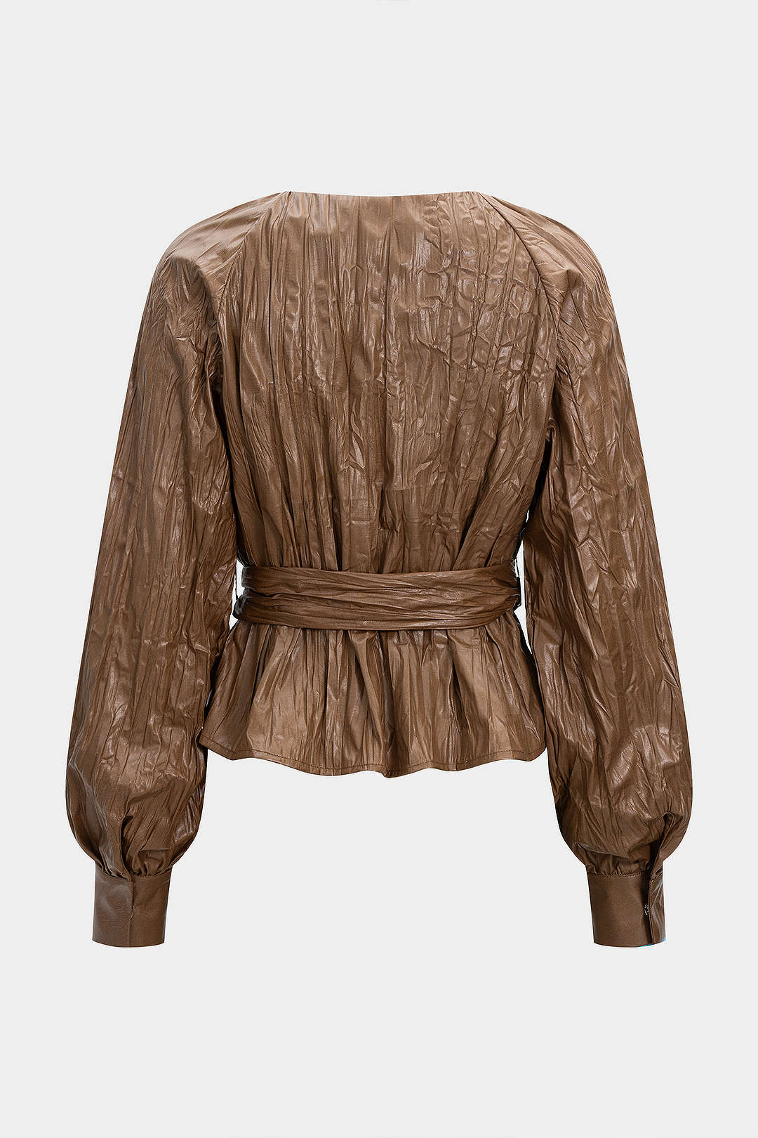 Faux Leather Pleated Belted V-Neck Long-Sleeve Shirt - Flockneti