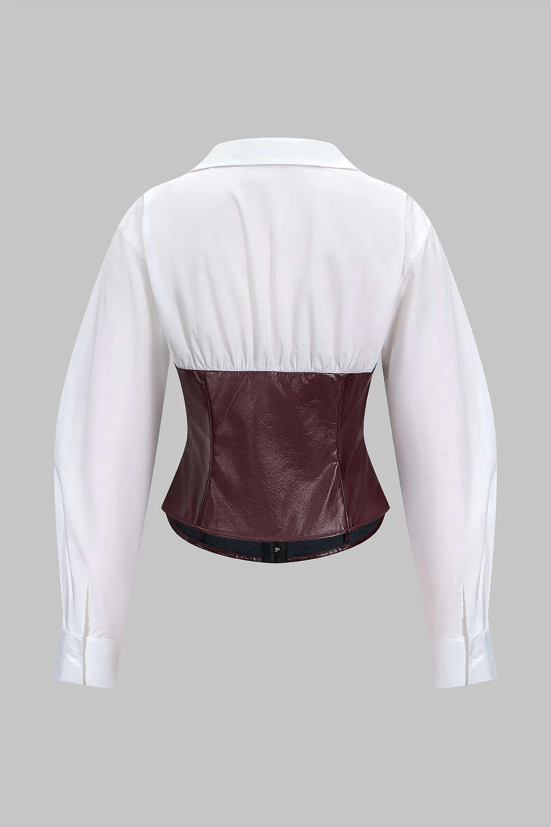 Faux Leather Patchwork Hook And Eye Waist-Cinching Long-Sleeve Shirt - Flockneti