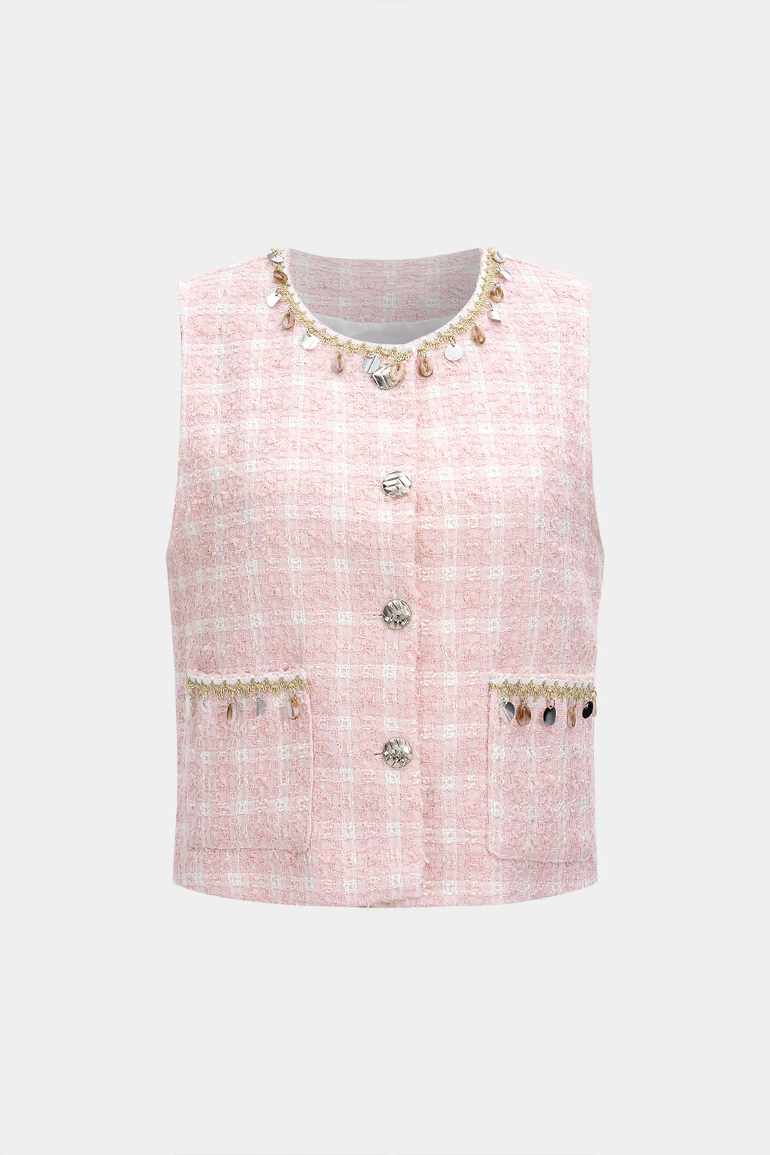 Plaid Print Fringe Trim Button Vest - Flockneti