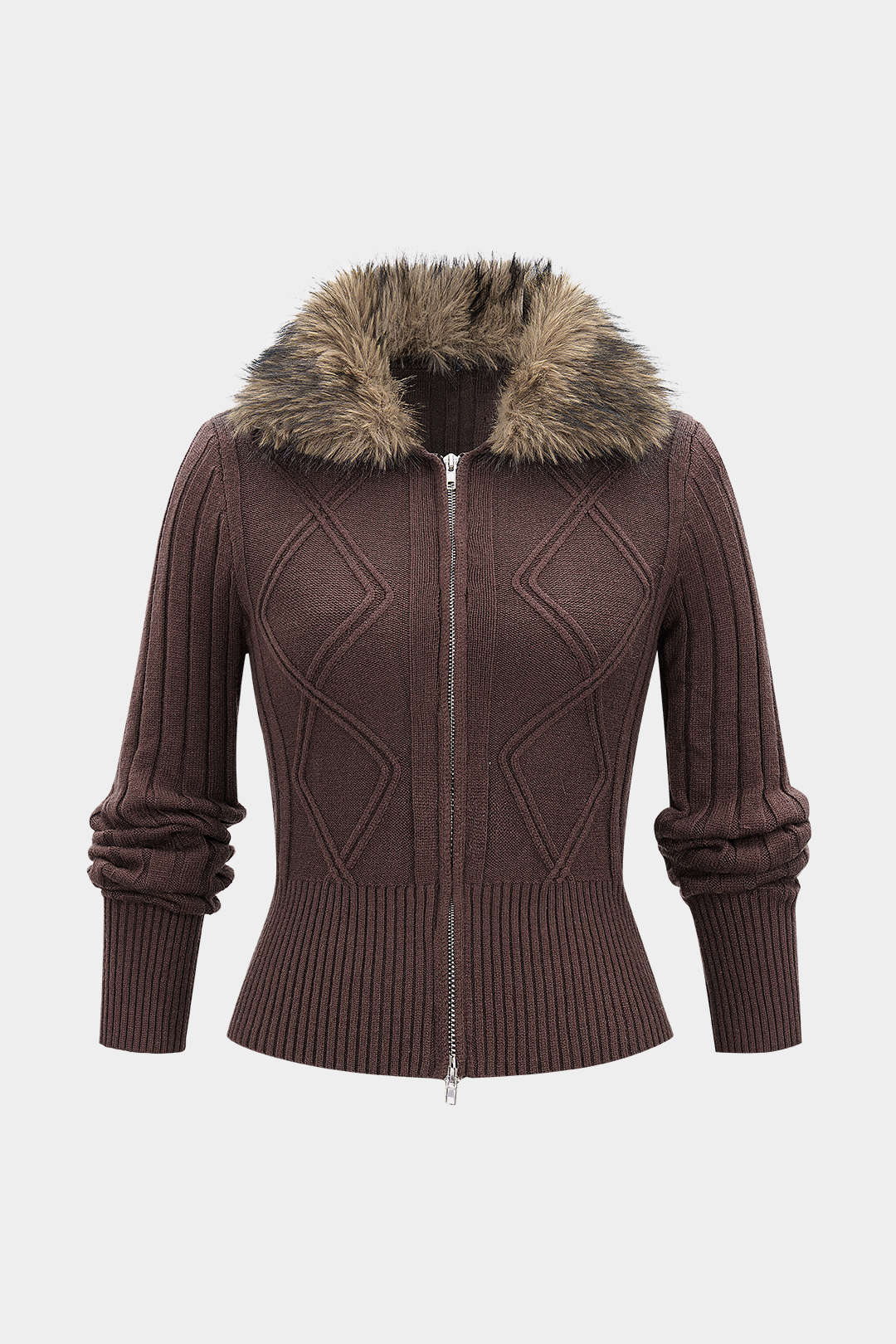 Knit Patchwork Fringe Zipper Cardigan - Flockneti
