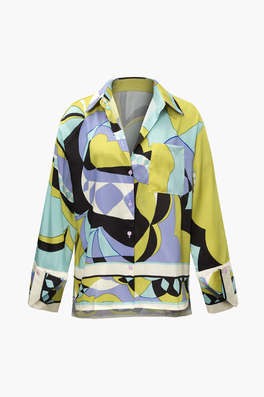 Satin Abstract Print Button Long-Sleeve Shirt - Flockneti