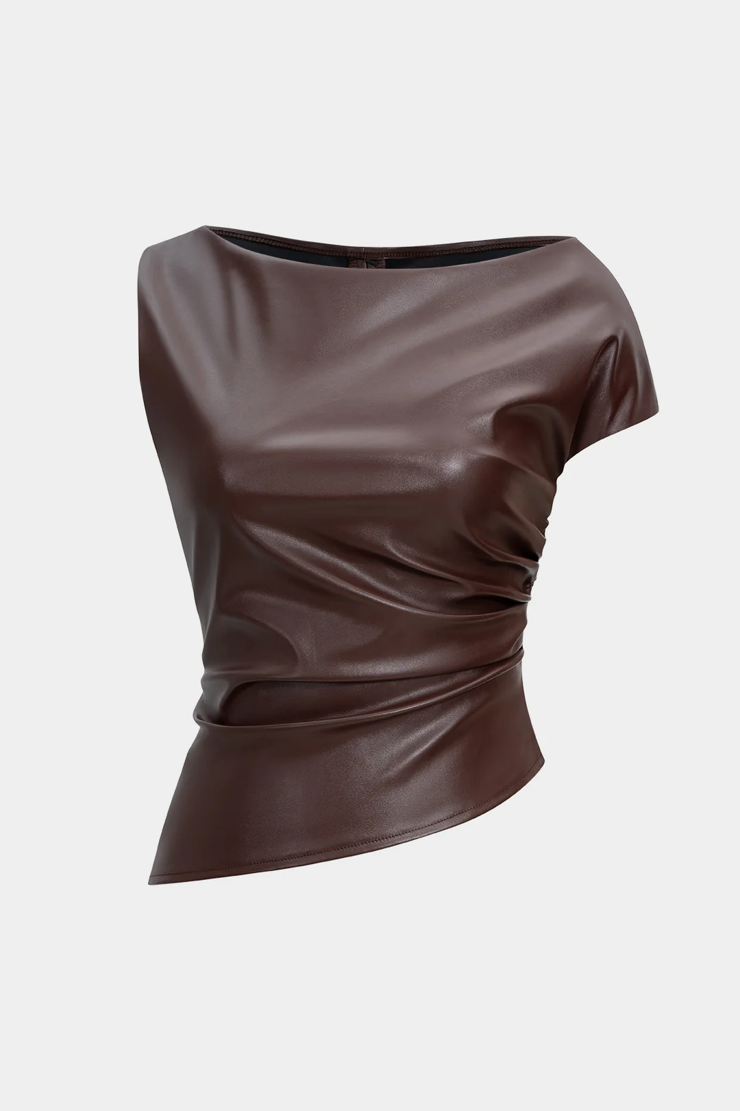 Faux Leather Zipper Ruched Short-Sleeve Shirt - Flockneti