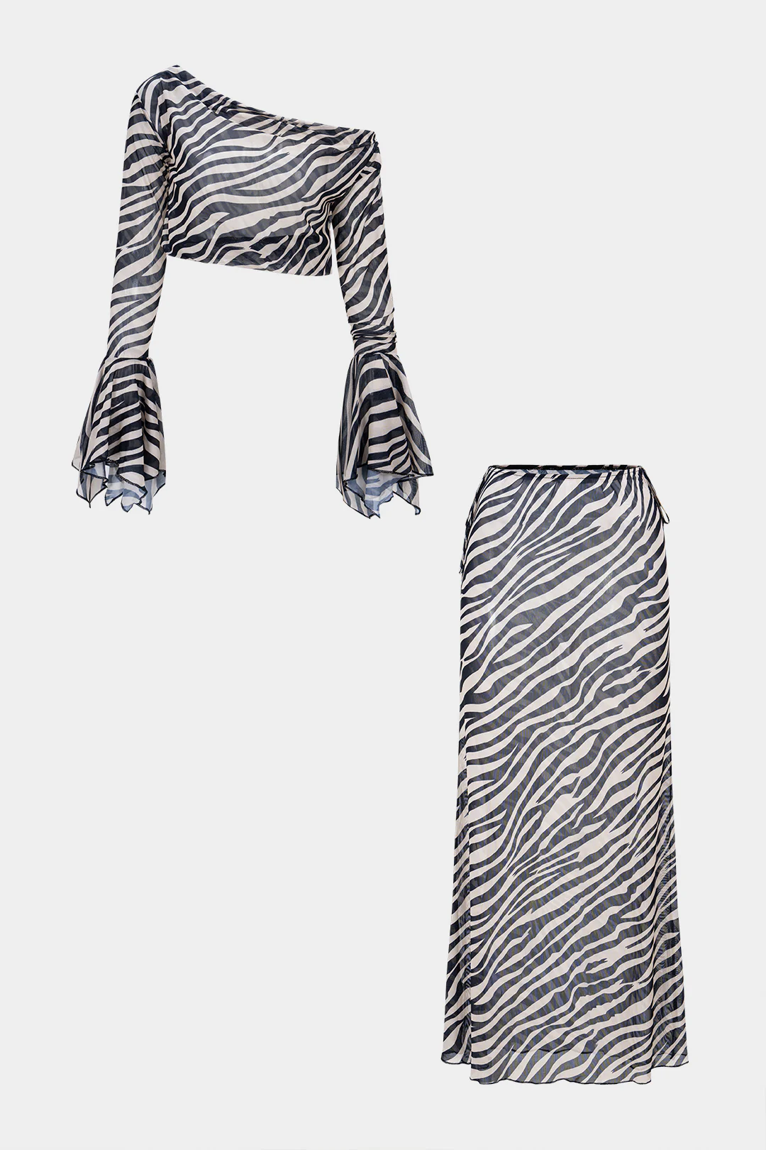 Mesh Zebra Stripe Print Single Shoulder Bell Sleeve Top And Skirt Set - Flockneti