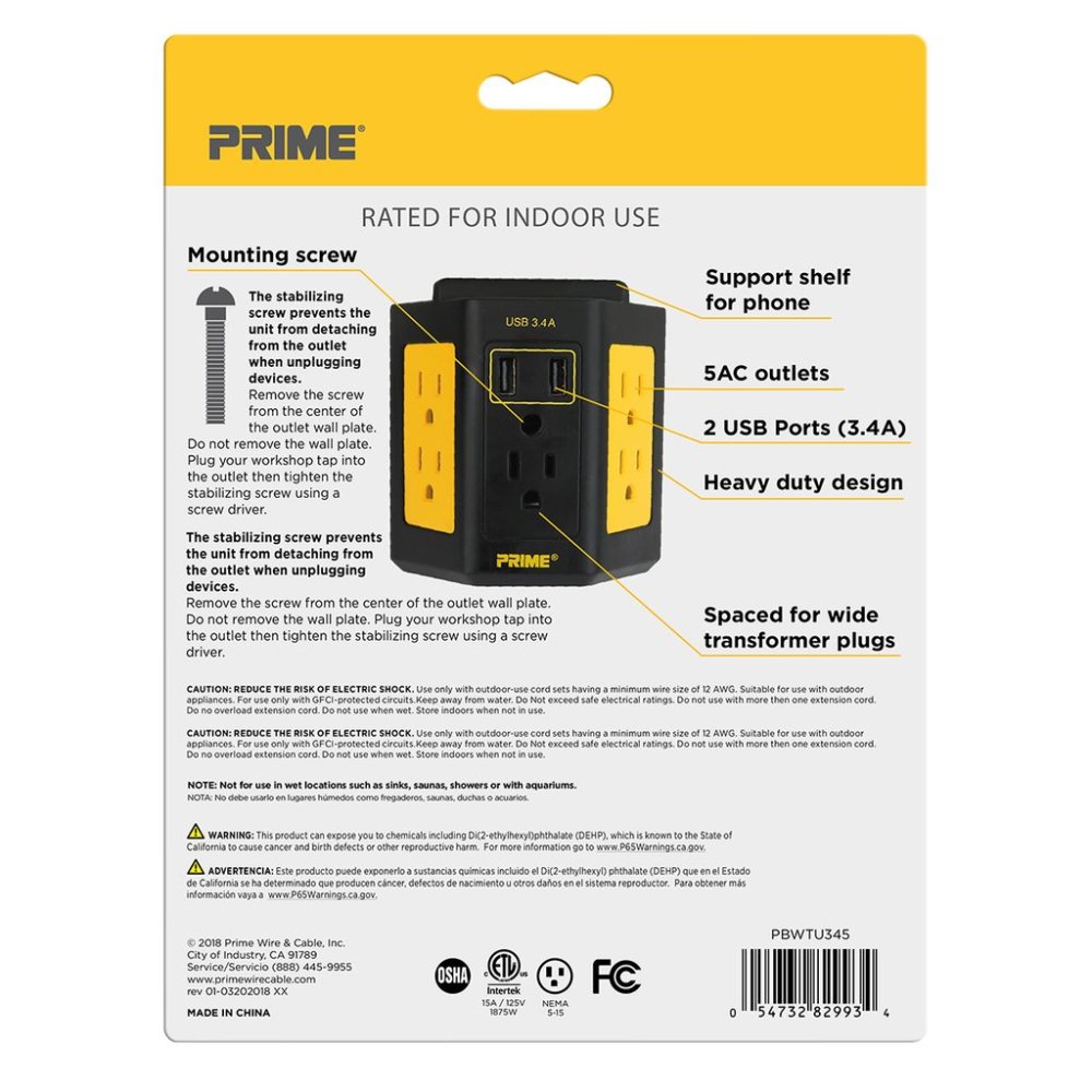 Prime 5-Outlet Workshop Tap with 2-Port 3.4A USB Charger - Flockneti