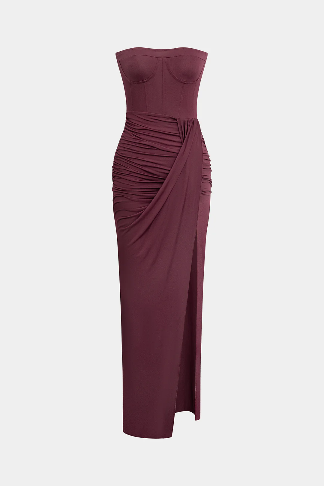 Ruched Strapless Asymmetrical Midi Dress - Flockneti