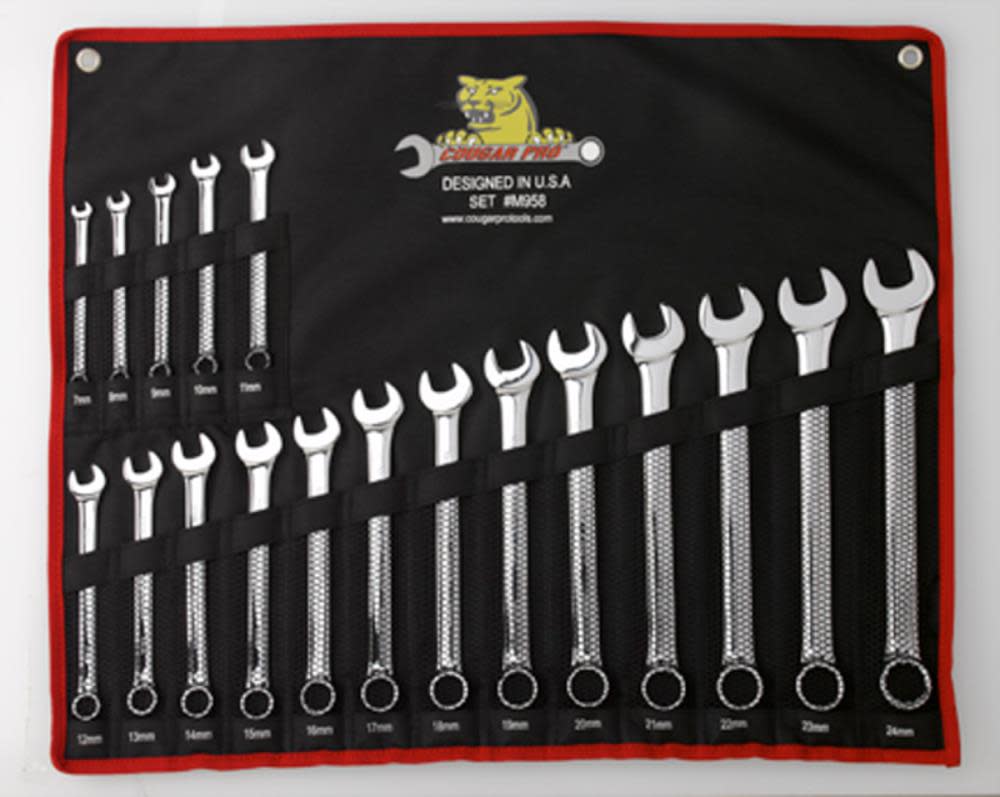 Cougar Pro 18 pc. Full Polish Combination Wrench Set Metric (7mm to 24mm) - Flockneti