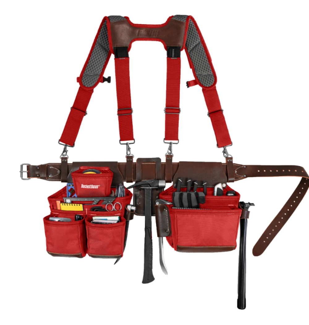 Bucket Boss Leather Hybrid Toolbelt with Suspenders Red - Flockneti