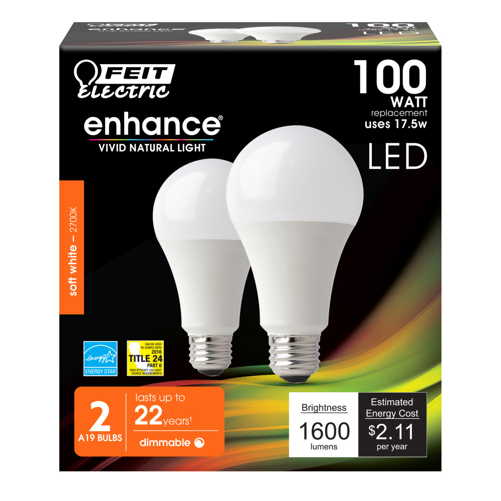 Feit Electric 100W A19 2700K Dimmable Enhance LED Bulb 2pk - Flockneti