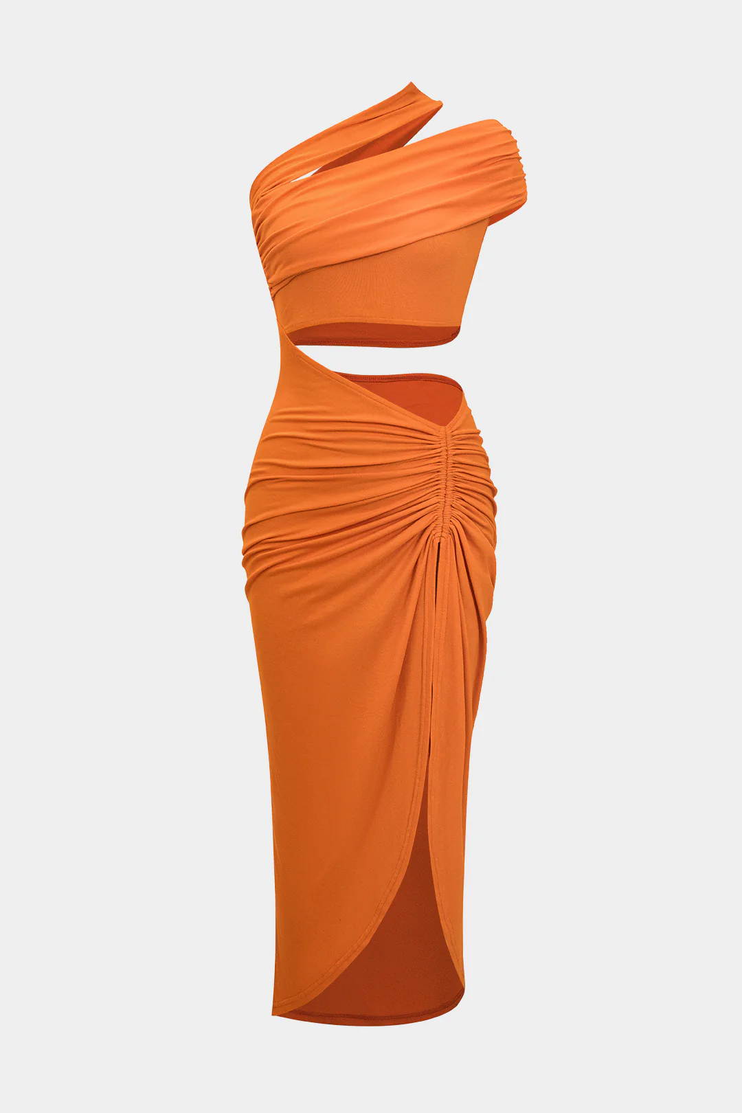 Ruched Asymmetrical Cut Out Slit Midi Dress - Flockneti