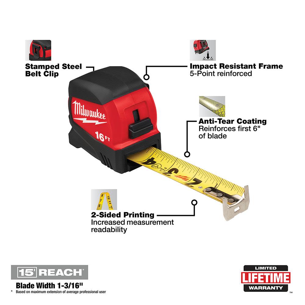 Milwaukee 16Ft Compact Wide Blade Tape Measure - Flockneti