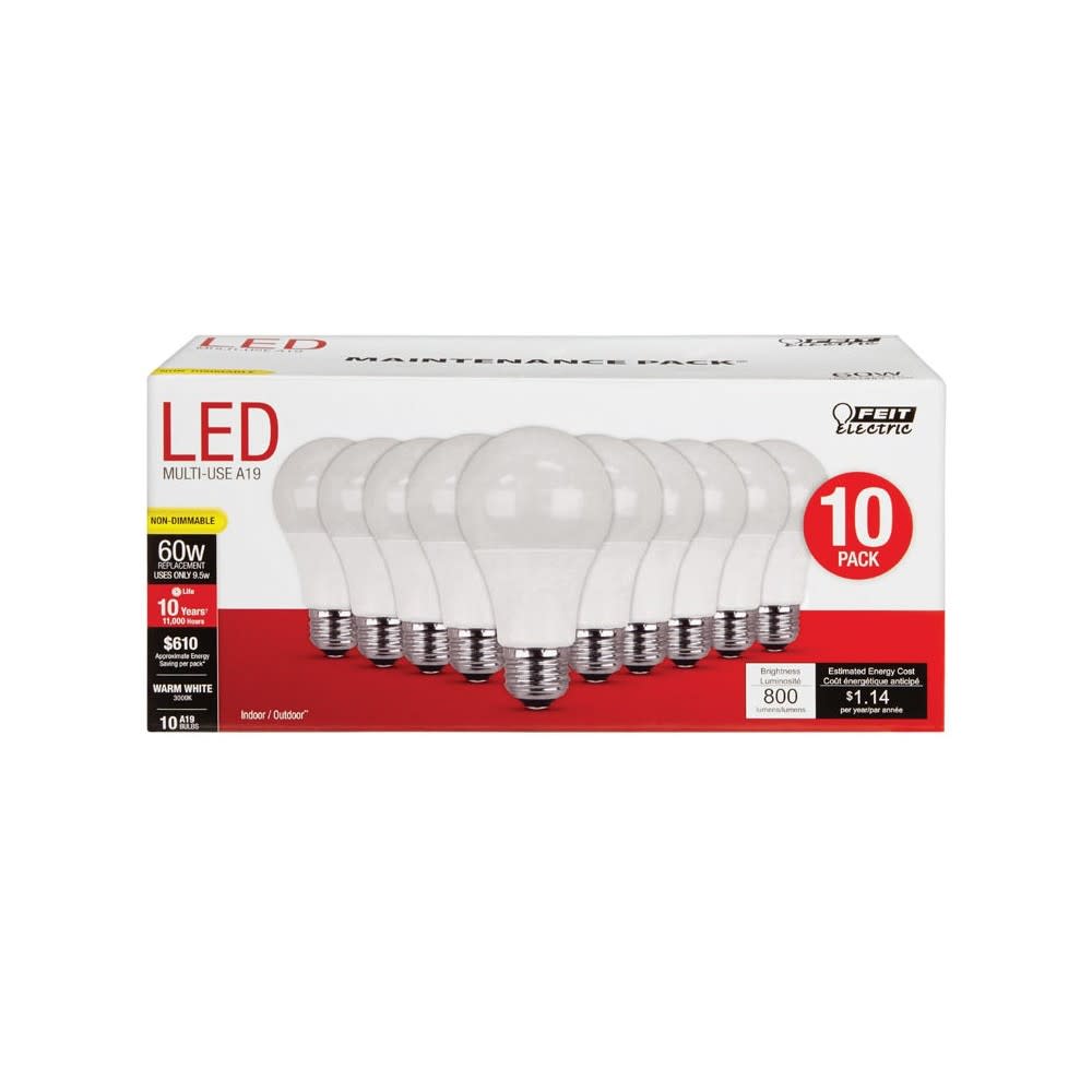 Feit Electric 60W A19 Warm White Non-Dimmable LED Bulb 10pk - Flockneti