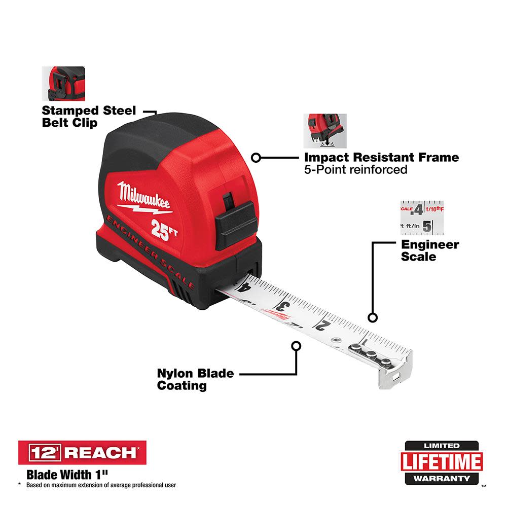 Milwaukee 25′ Compact Tape Measure with Engineer Scale - Flockneti