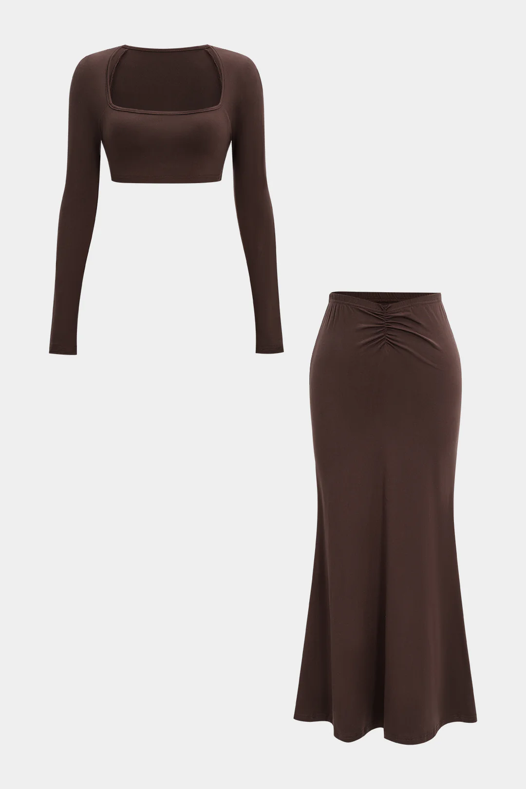 Square Neck Long Sleeve Cropped Top And Ruched Skirt Set - Flockneti