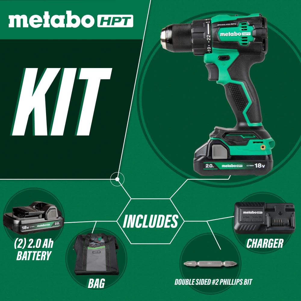 Metabo HPT 18V MultiVolt Cordless Brushless Hammer Drill Kit (2 x 2.0Ah) - Flockneti