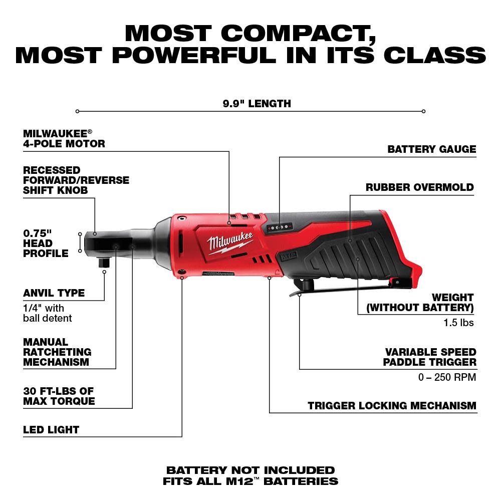 Milwaukee M12 Cordless 1/4 In. Ratchet (Bare Tool) - Flockneti
