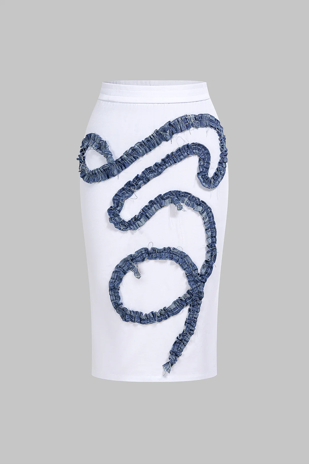 Patchwork Denim Ruched Asymmetrical Skirt - Flockneti