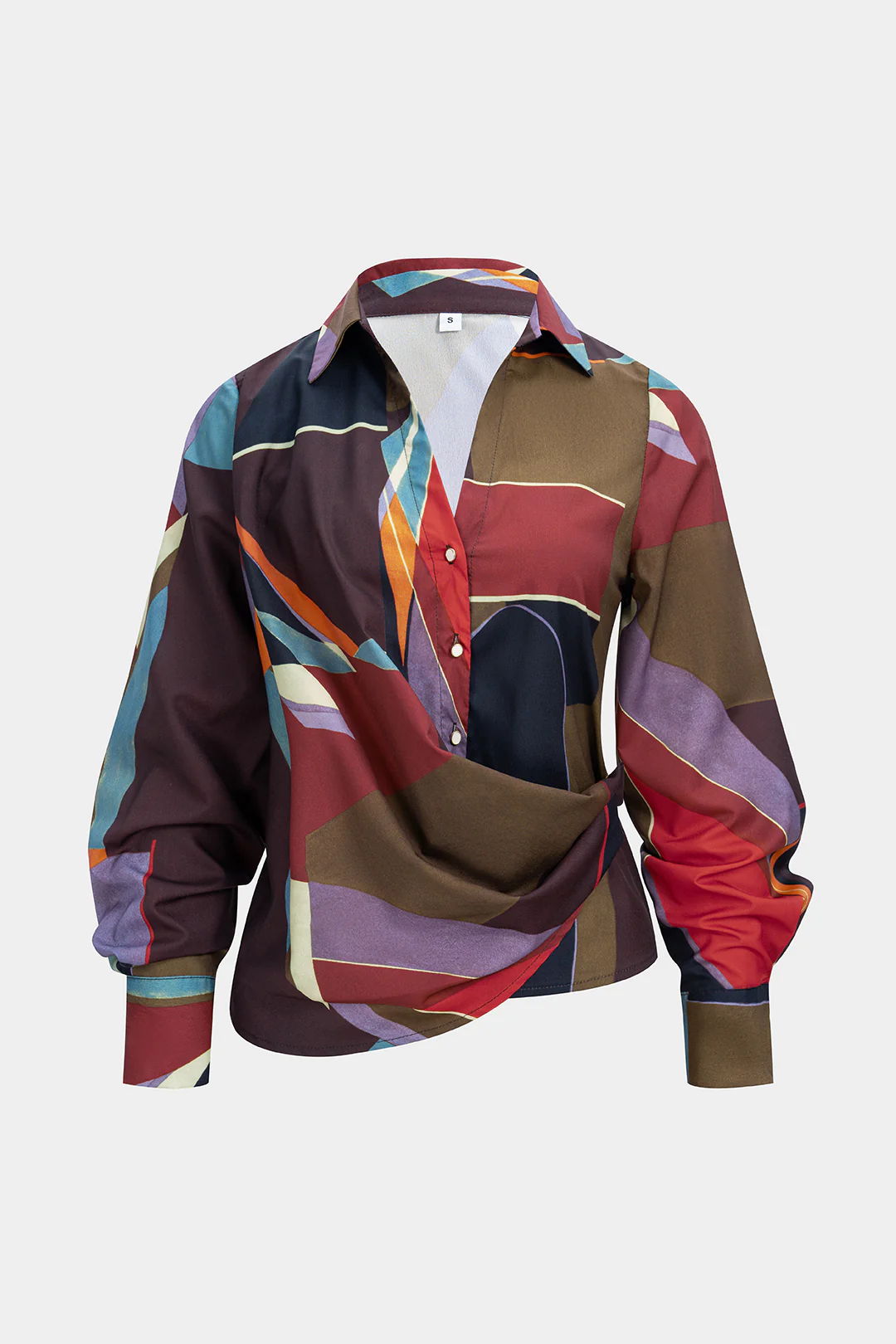 Contrast Geometric Print Button Ruched Long-Sleeve Shirt - Flockneti