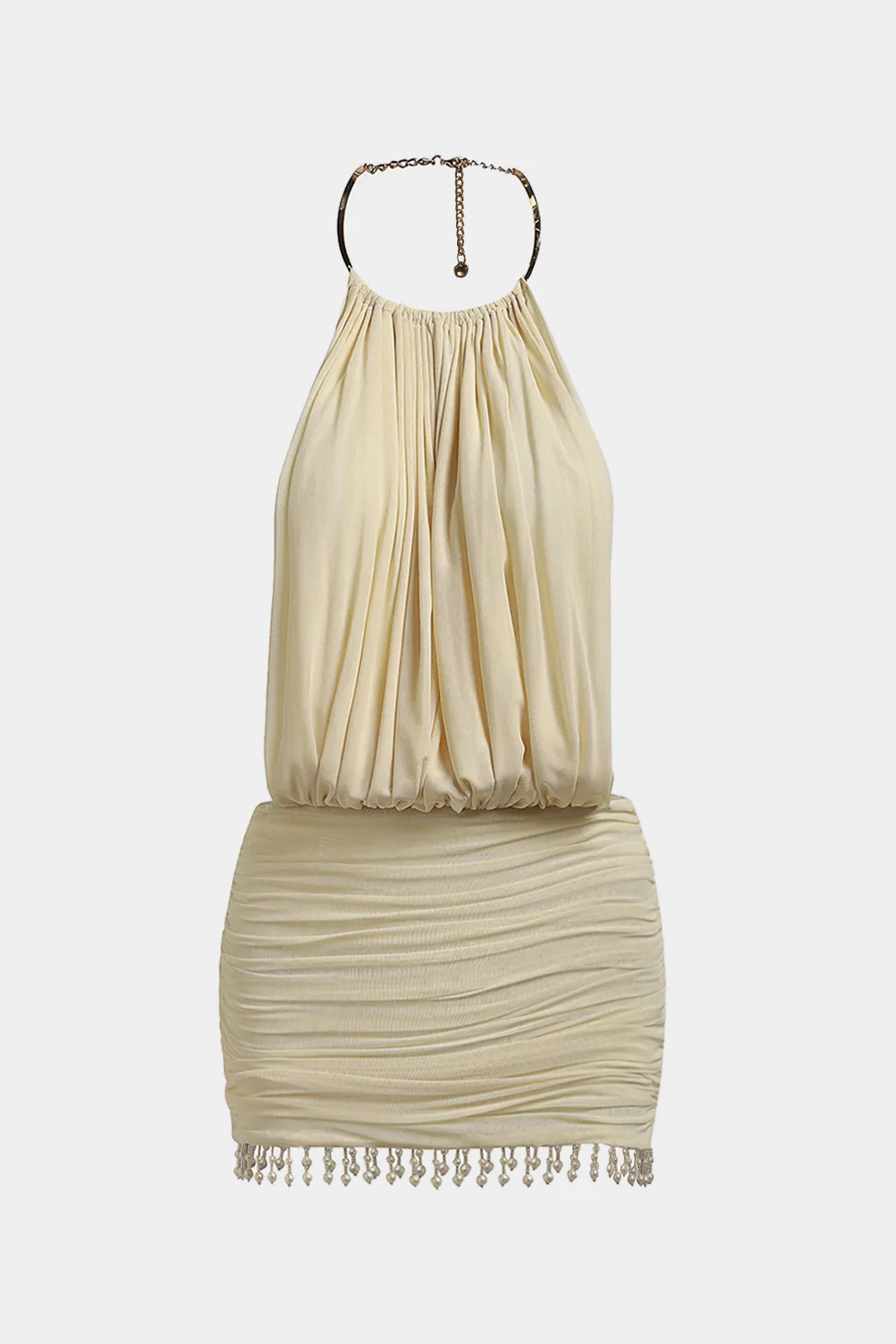 Mesh Halter Neck Pearl Decor Ruched Sleeveless Mini Dress - Flockneti