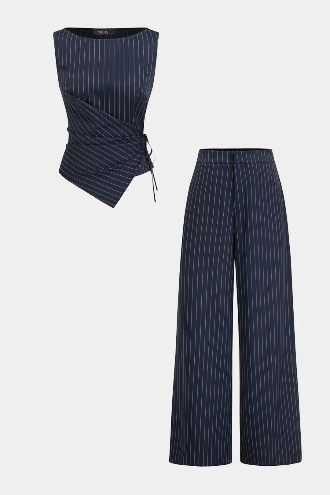 Stripes Asymmetrical Wrap Tie-Up Tank Top And Wide Leg Pants Set - Flockneti