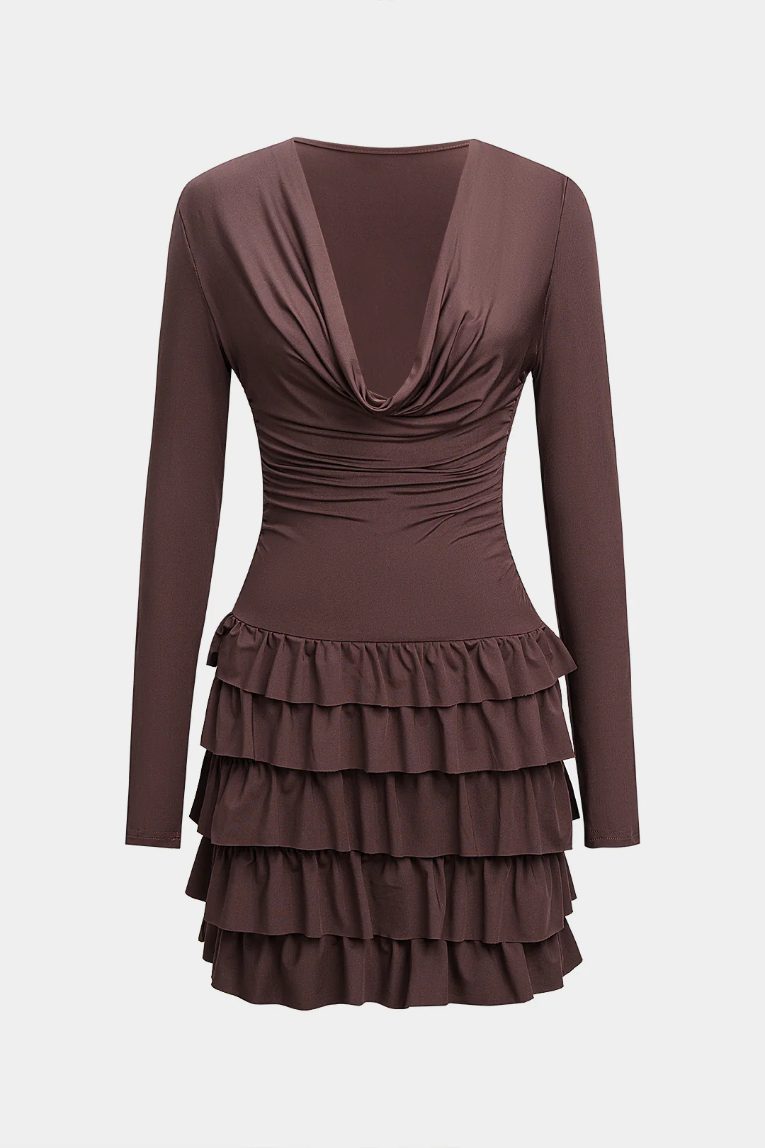 Draped Cowl Neck Ruffle Layered Long Sleeve Mini Dress - Flockneti