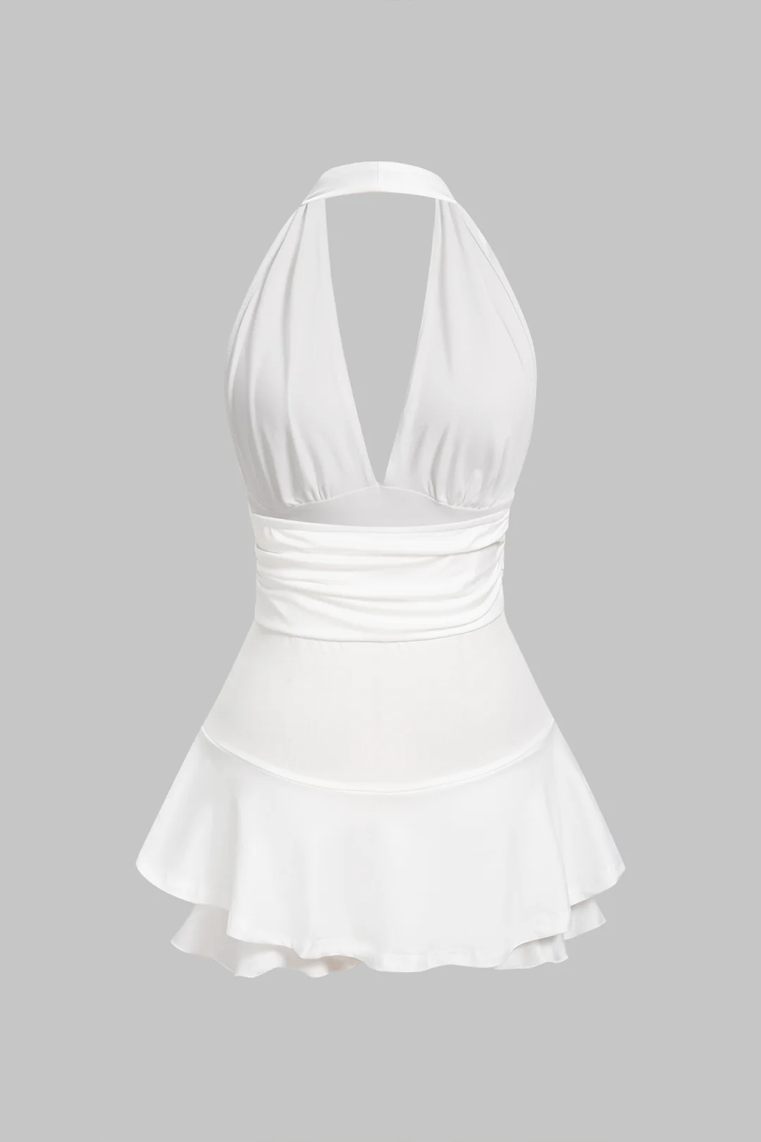 Solid Halter Deep V-Neck Ruched Backless Sleeveless Mini Dress - Flockneti