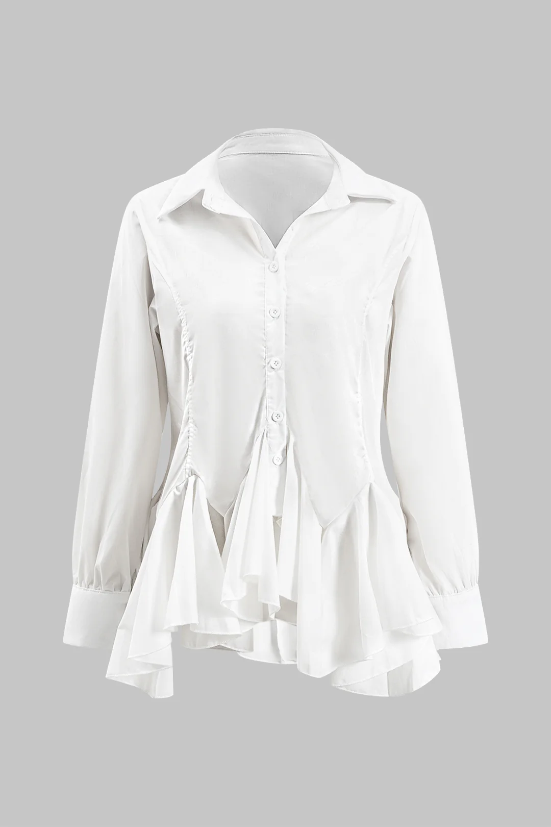 Chiffon Ruched Asymmetrical Ruffle Hem Long-Sleeve Shirt - Flockneti