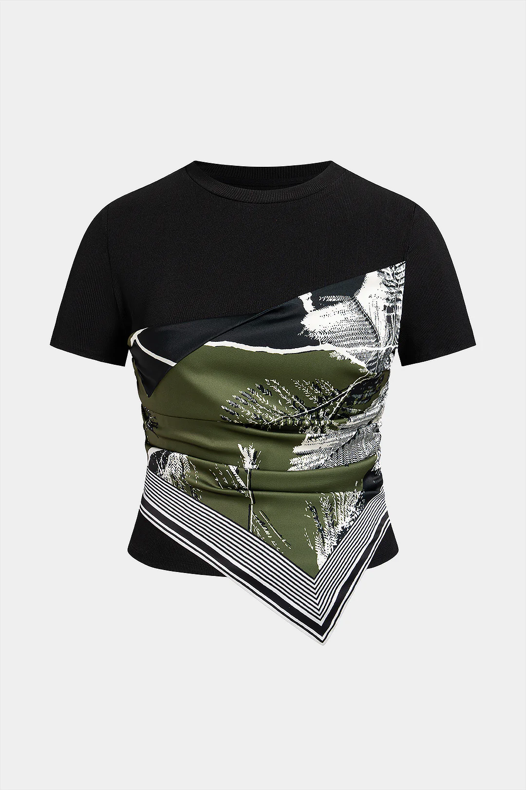 Plus Size Floral Print Patchwork Round Neck Short Sleeve T-Shirt - Flockneti