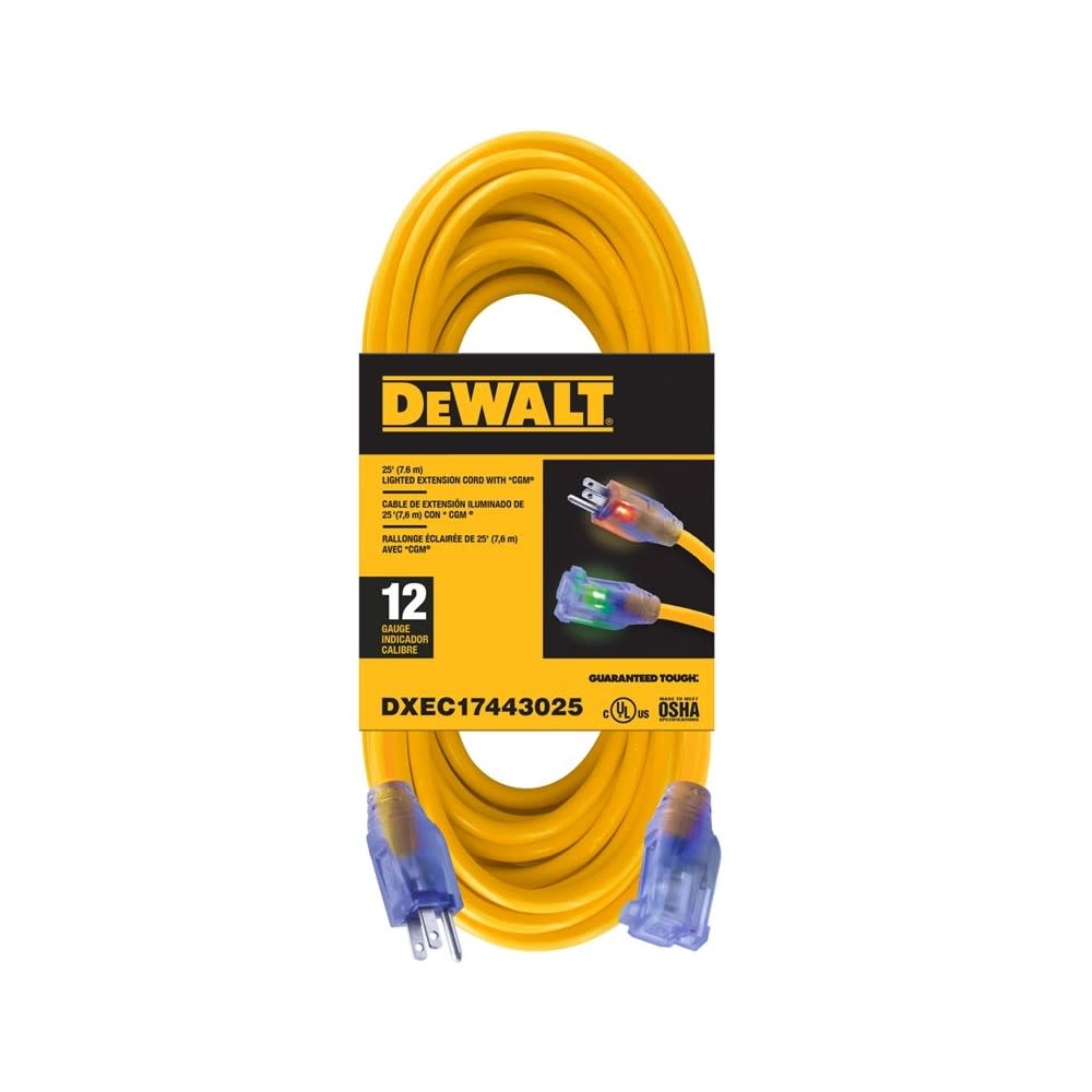 DEWALT Extension Cord Yellow Lighted 25′ 12/3 SJTW - Flockneti