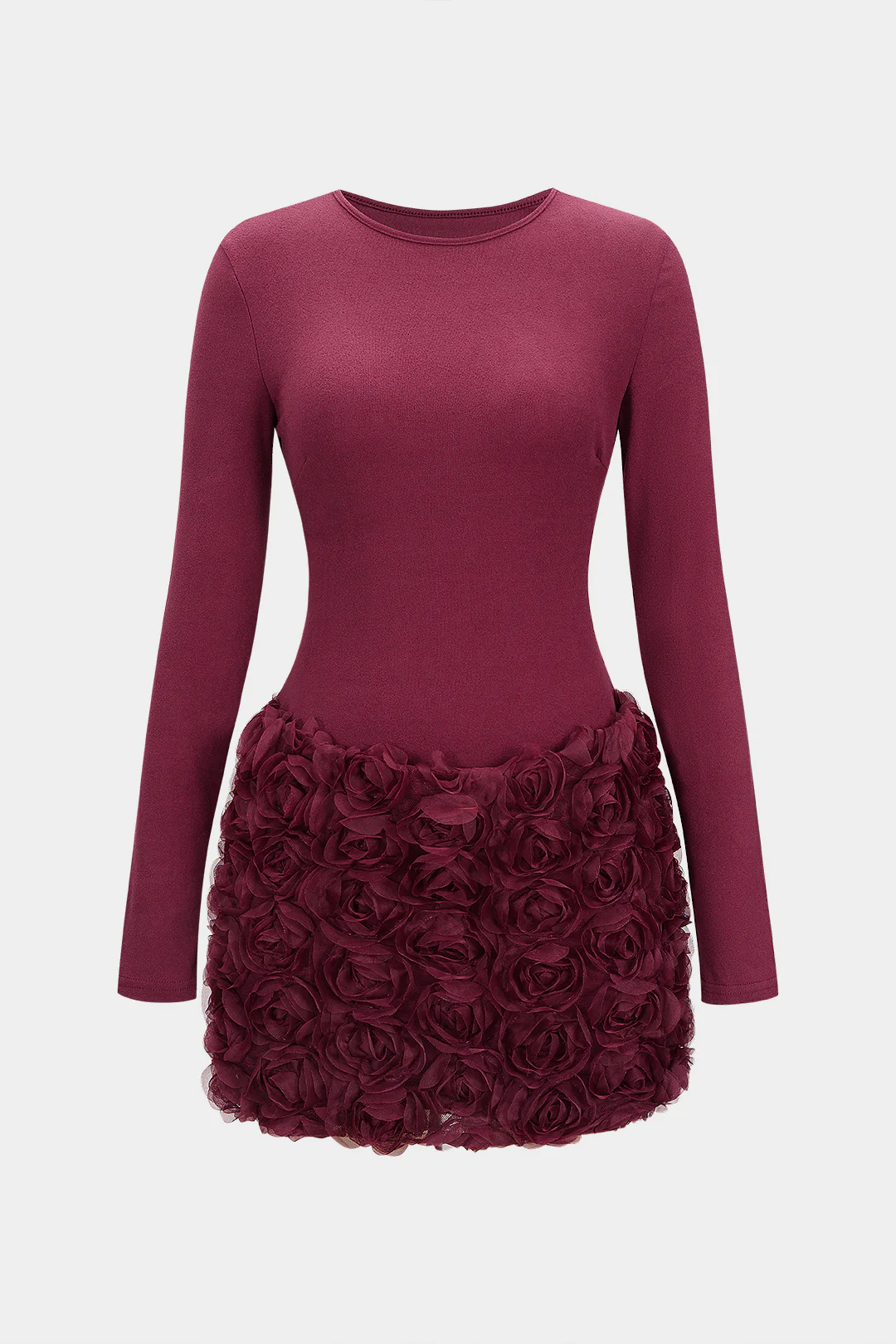 3D Flower Patchwork Long Sleeve Mini Dress - Flockneti