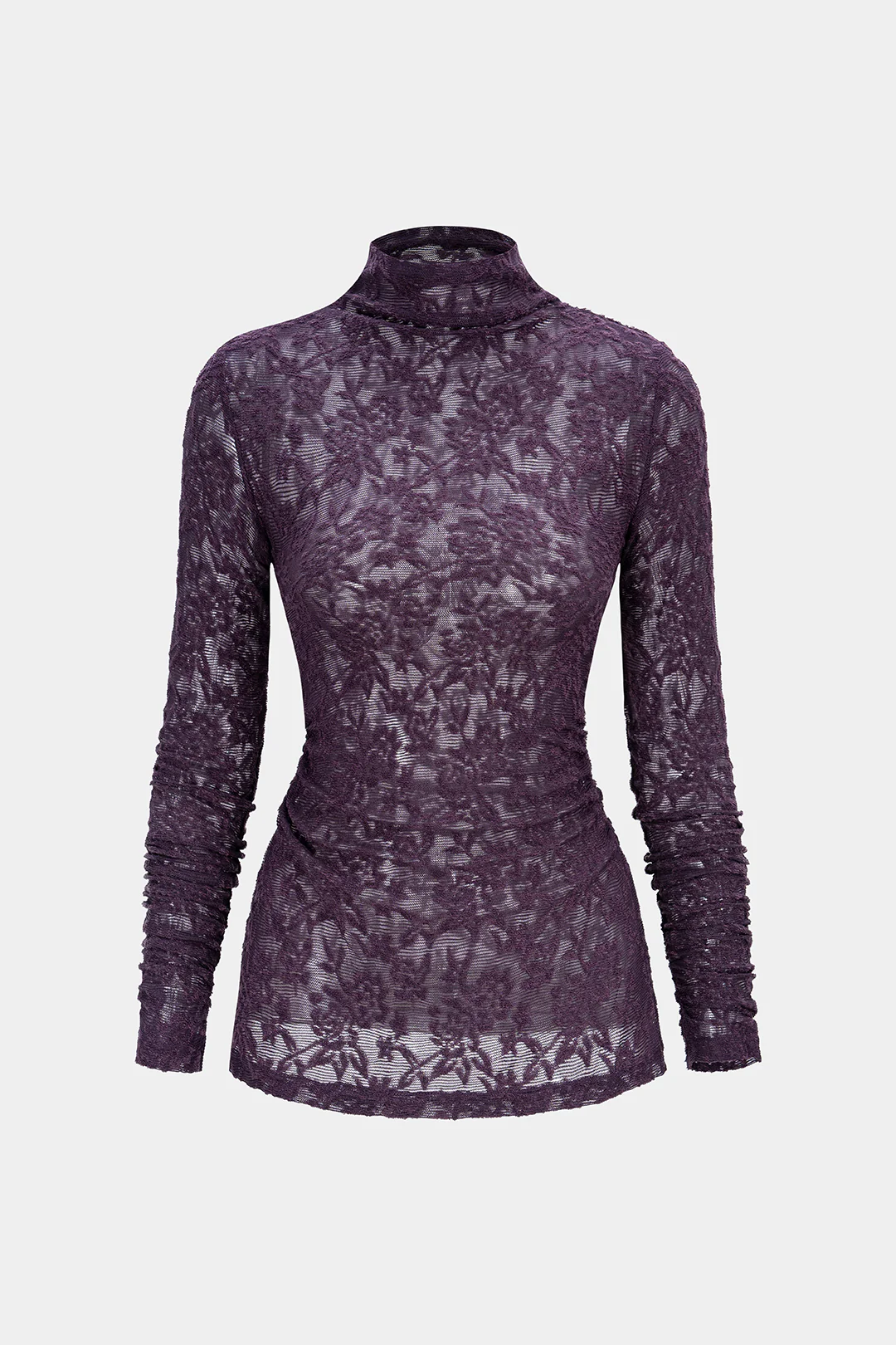 Mock Neck Sheer Floral Textured Long-Sleeve Top - Flockneti