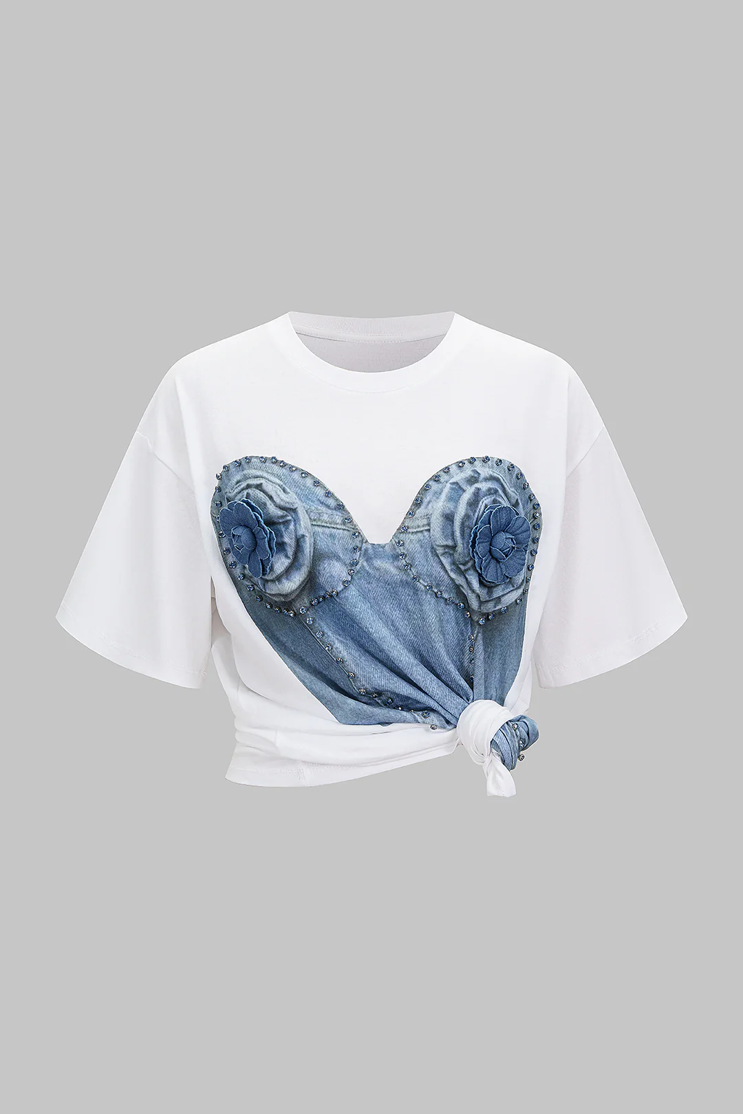 Denim Print 3D Flower Rhinestone Decor Round Neck Short Sleeve T-Shirt - Flockneti