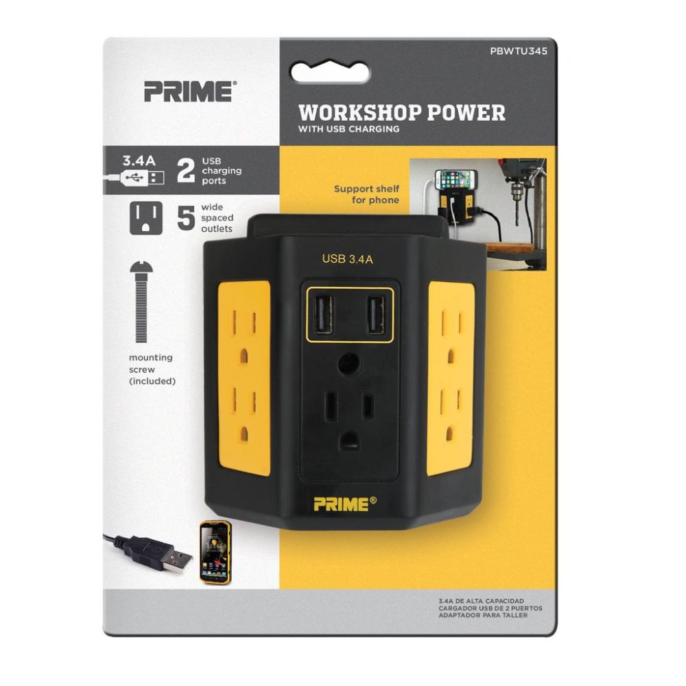 Prime 5-Outlet Workshop Tap with 2-Port 3.4A USB Charger - Flockneti