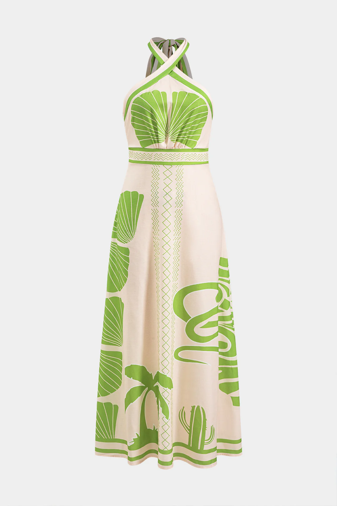 Leaves Print Halter Neck Tie-Up Sleeveless Midi Dress - Flockneti