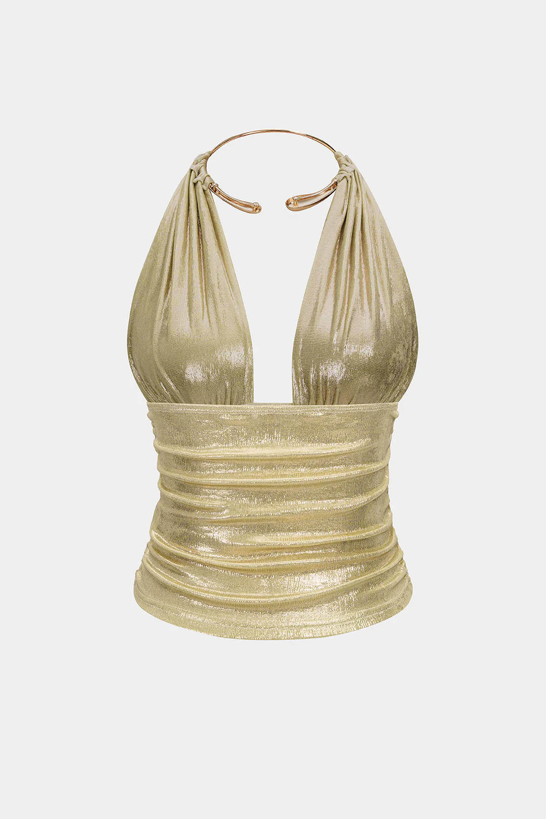 Metallic Ring Halter Backless Ruched Top - Flockneti