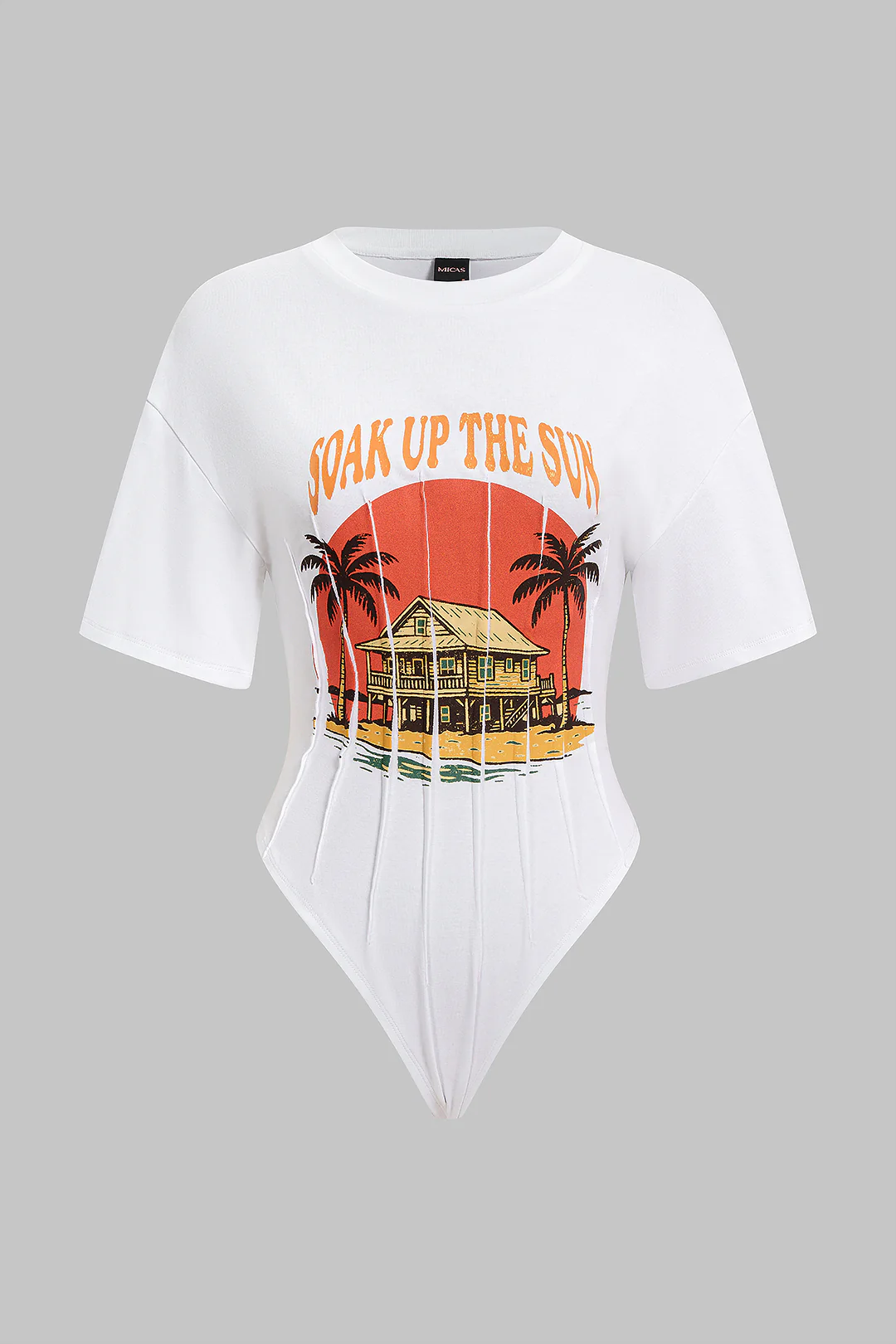 Coconut Palm Letter Print Round Neck Short Sleeve Bodysuit - Flockneti