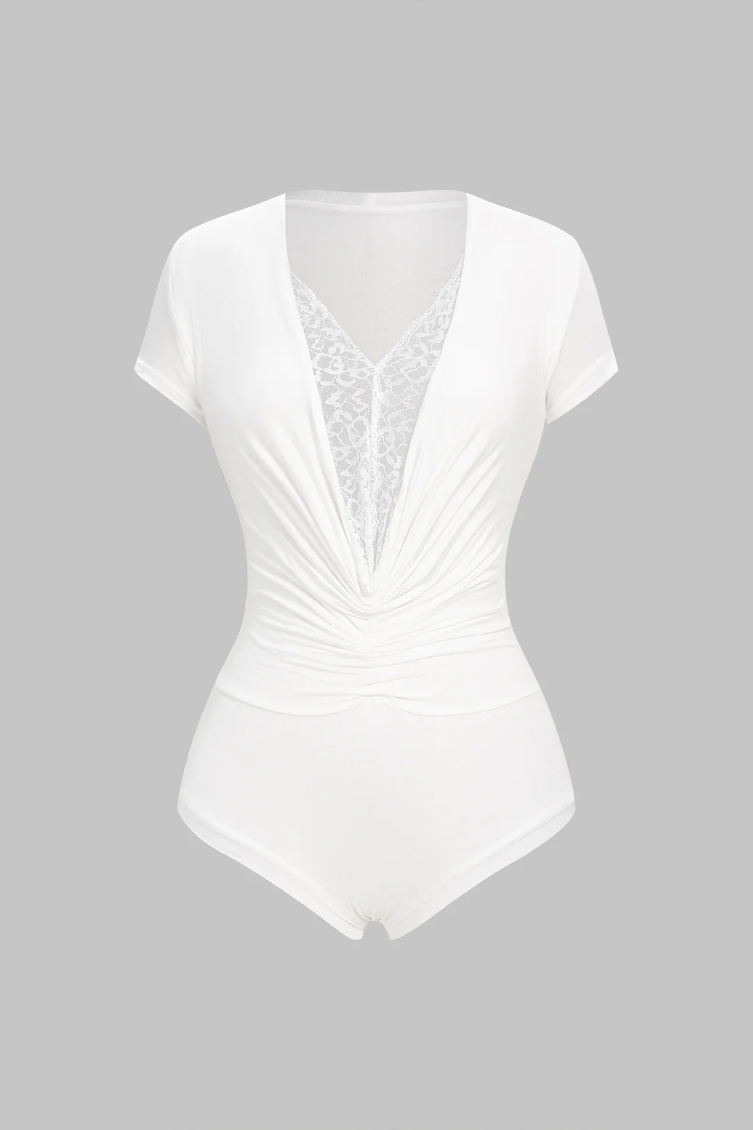 Lace Trim Patchwork V-Neck Ruched Short Sleeve Bodysuit - Flockneti