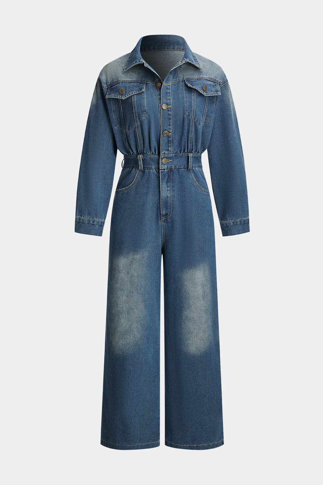 Denim Button Long Sleeve Jumpsuit - Flockneti