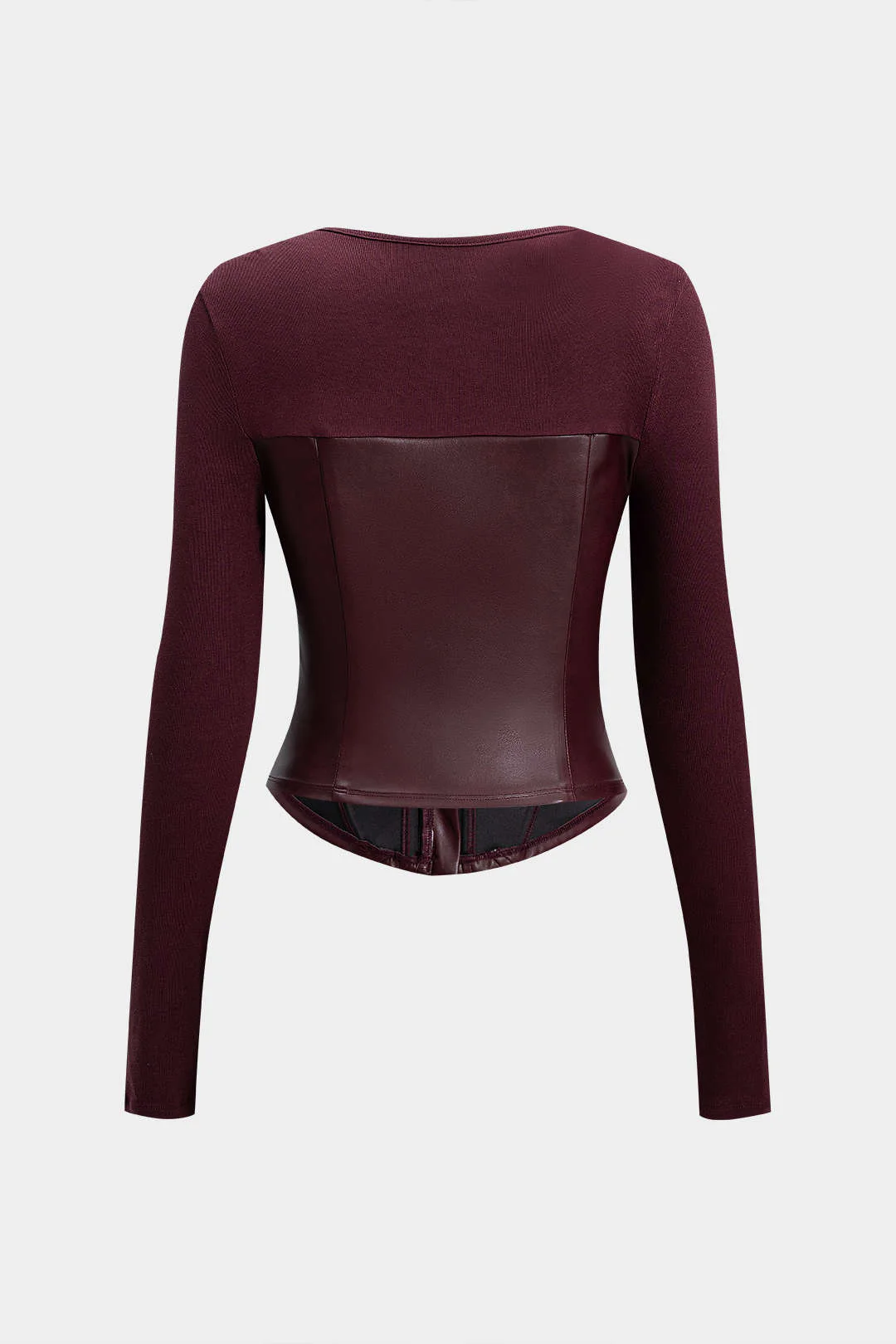 Faux Leather Zipper Patchwork Long-Sleeve Top - Flockneti