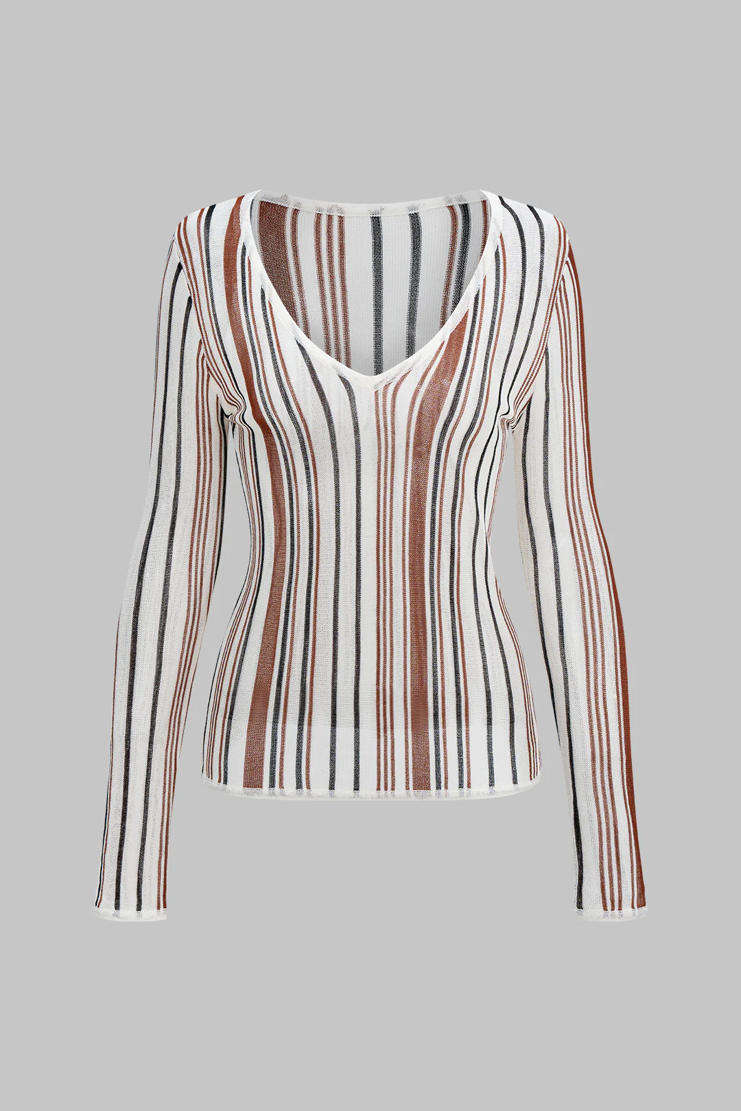 Knit Stripes Print V-Neck Long-Sleeve Top - Flockneti