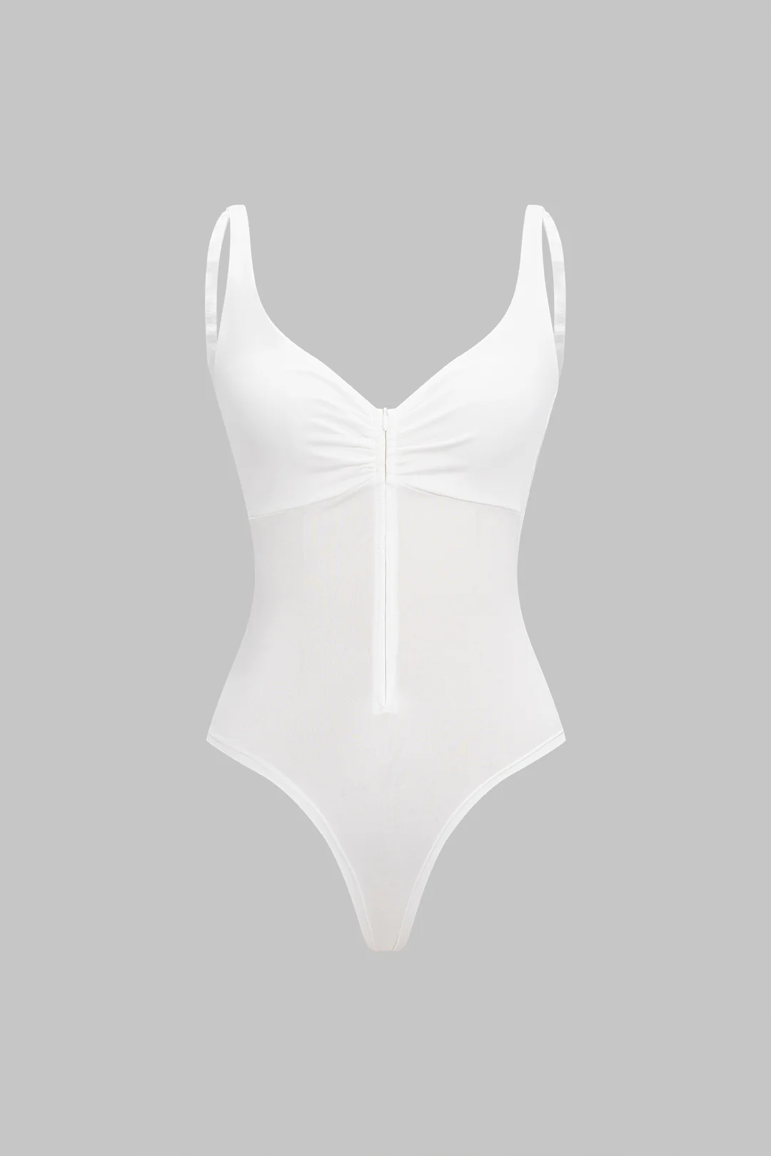 Low V-Neck Ruched Zipper Backless Sleeveless Bodysuit - Flockneti