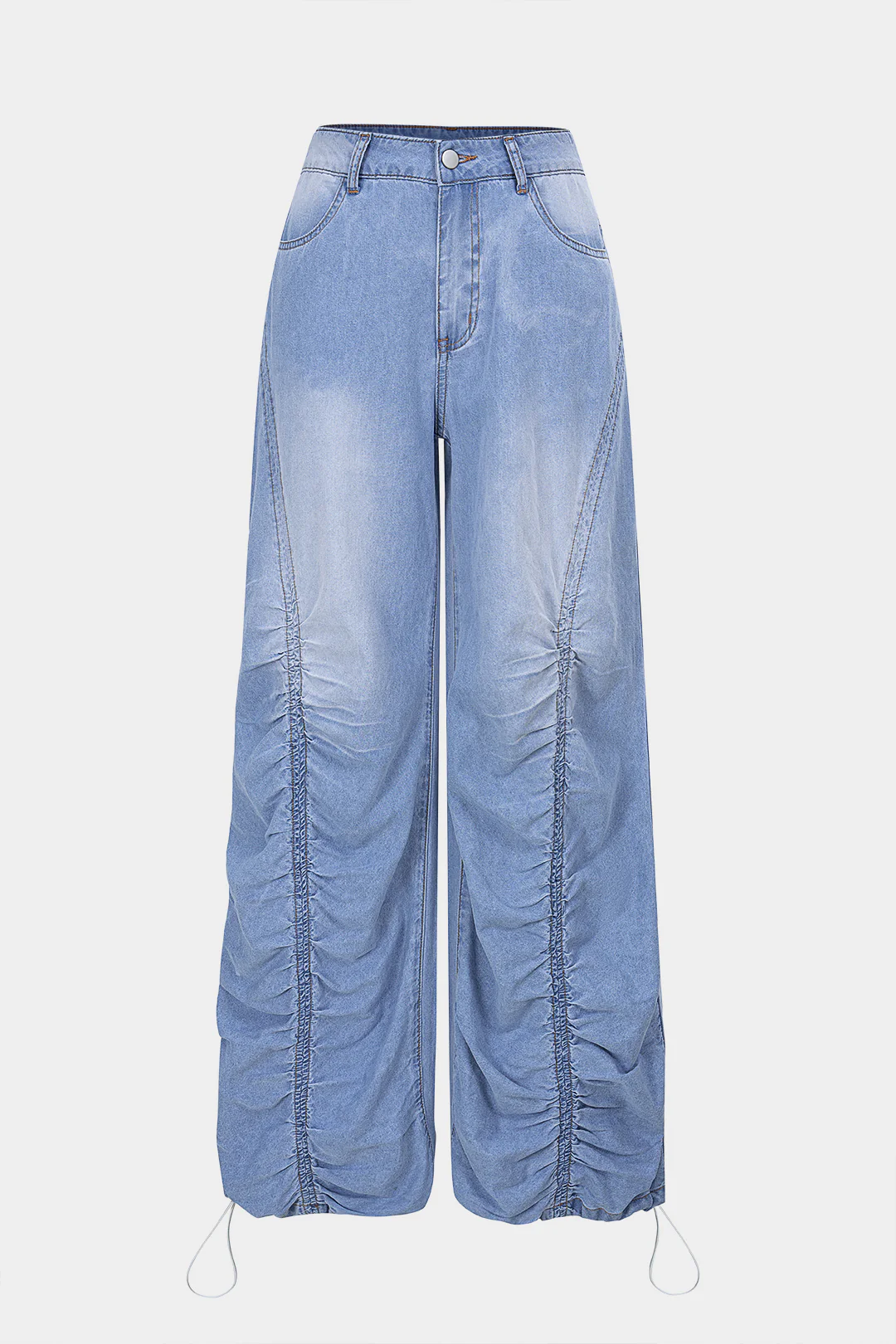 Denim Ruched Drawstring Straight Leg Jeans - Flockneti