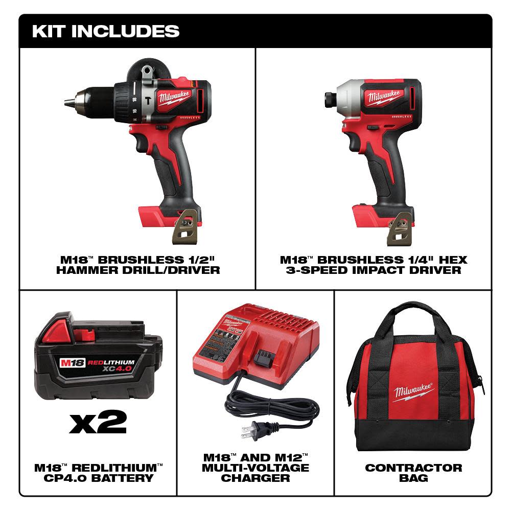 Milwaukee M18 Brushless Hammer Drill/Impact Combo Kit - Flockneti