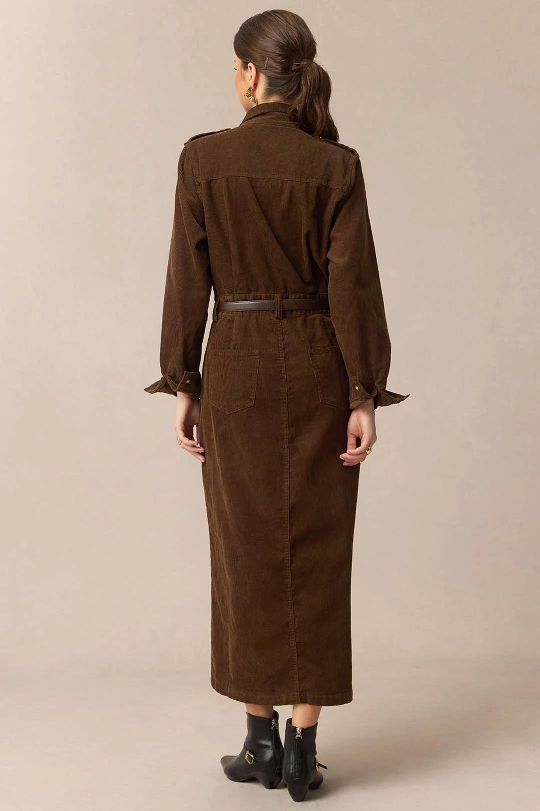 Corduroy Notched Lapel Button Pocket Belted Long Sleeve Dress - Flockneti