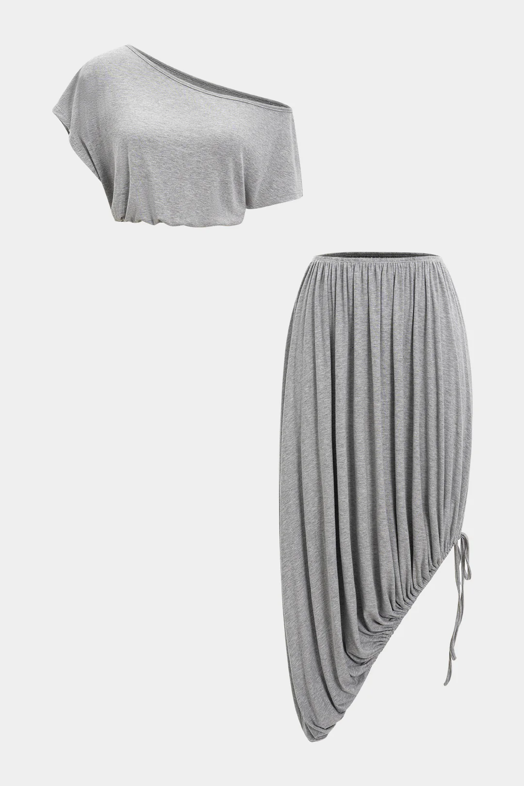 Ruched Asymmetrical Neck Short-Sleeve Top And Drawstring Skirt Set - Flockneti