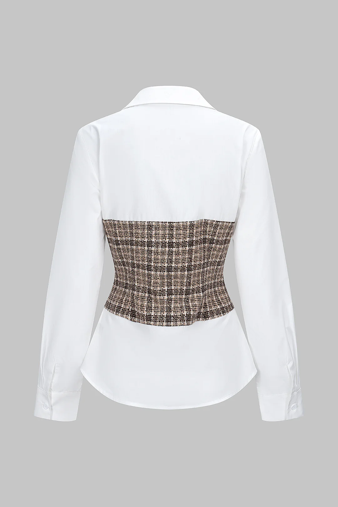 Tweed Plaid Print Patchwork Button Long-Sleeve Top - Flockneti