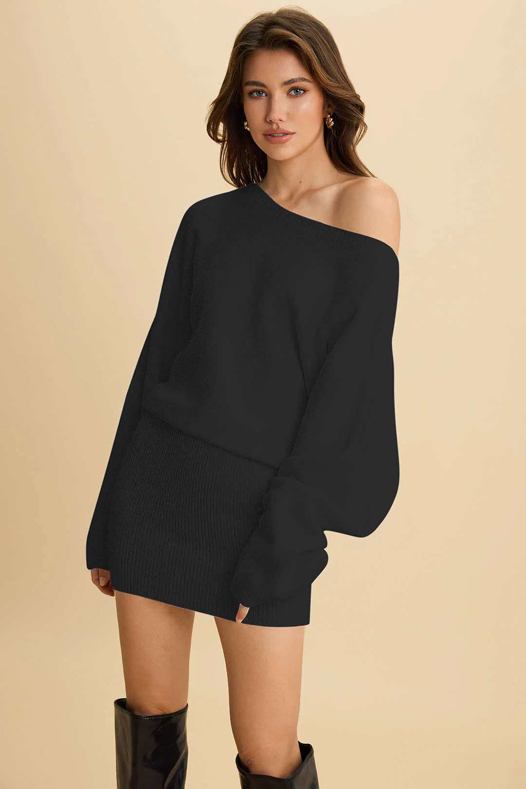 Knit One Shoulder Long Sleeve Mini Dress - Flockneti